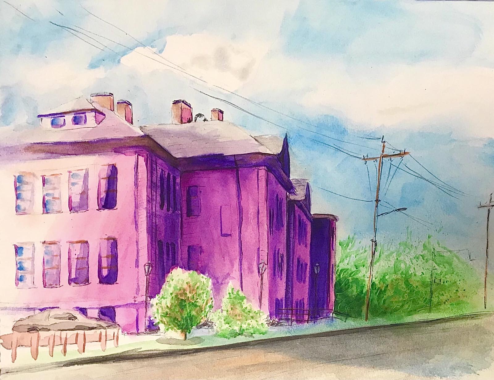 watercolor of a building and landscape