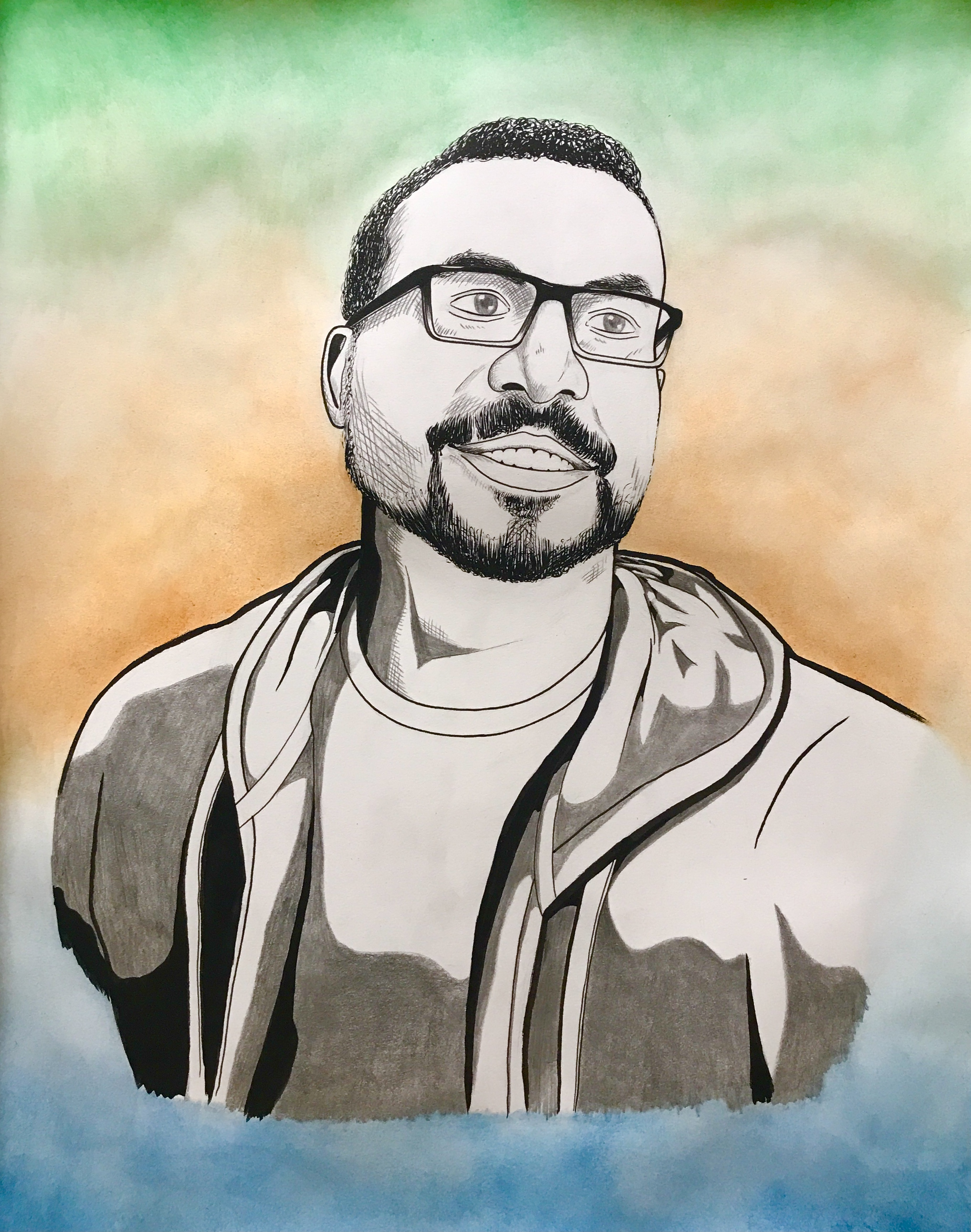 black, white, and colored work of a man with a beard and glasses