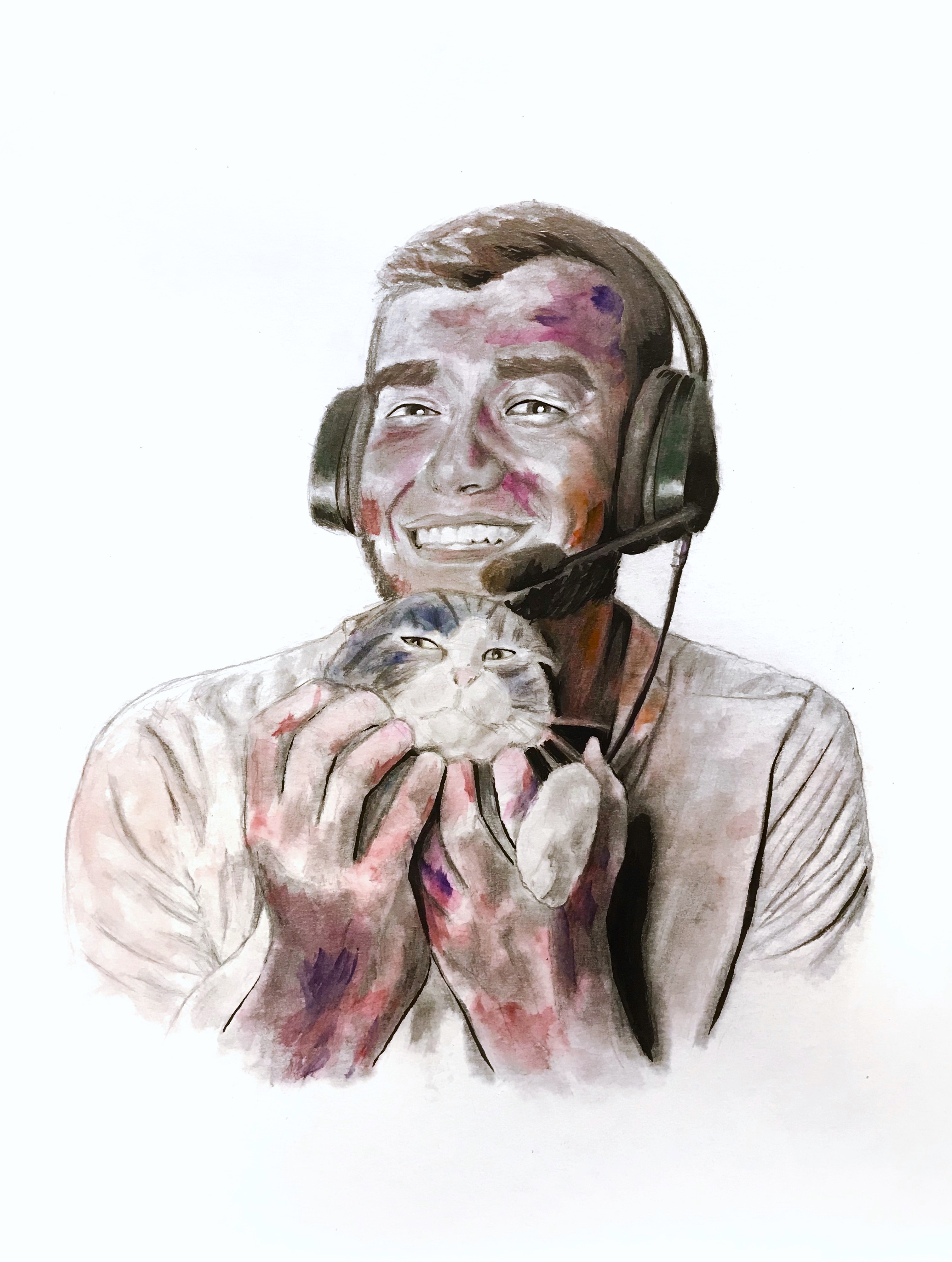 a man with his cat in a white background