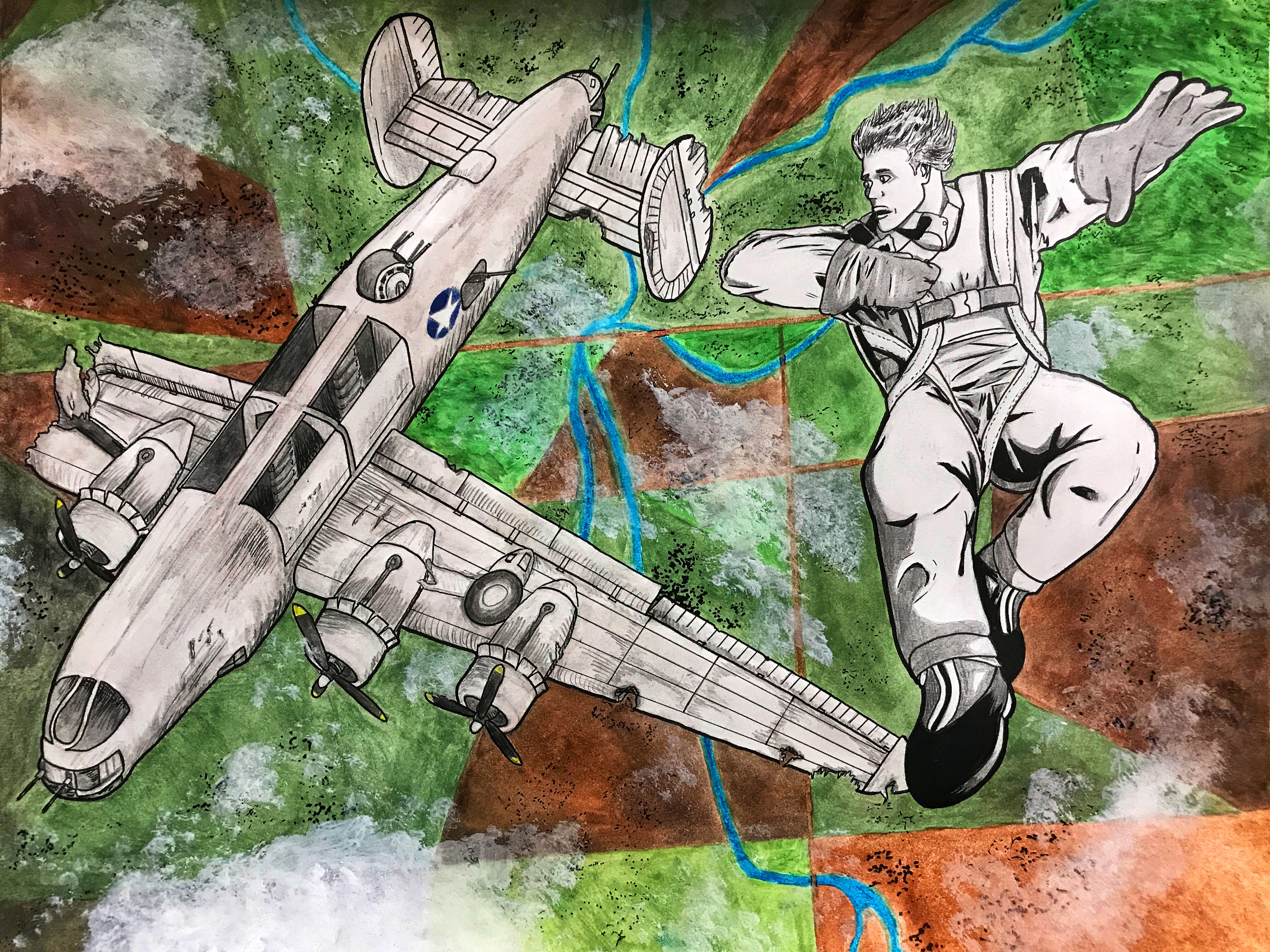 a plane crewman falling next to his falling plane