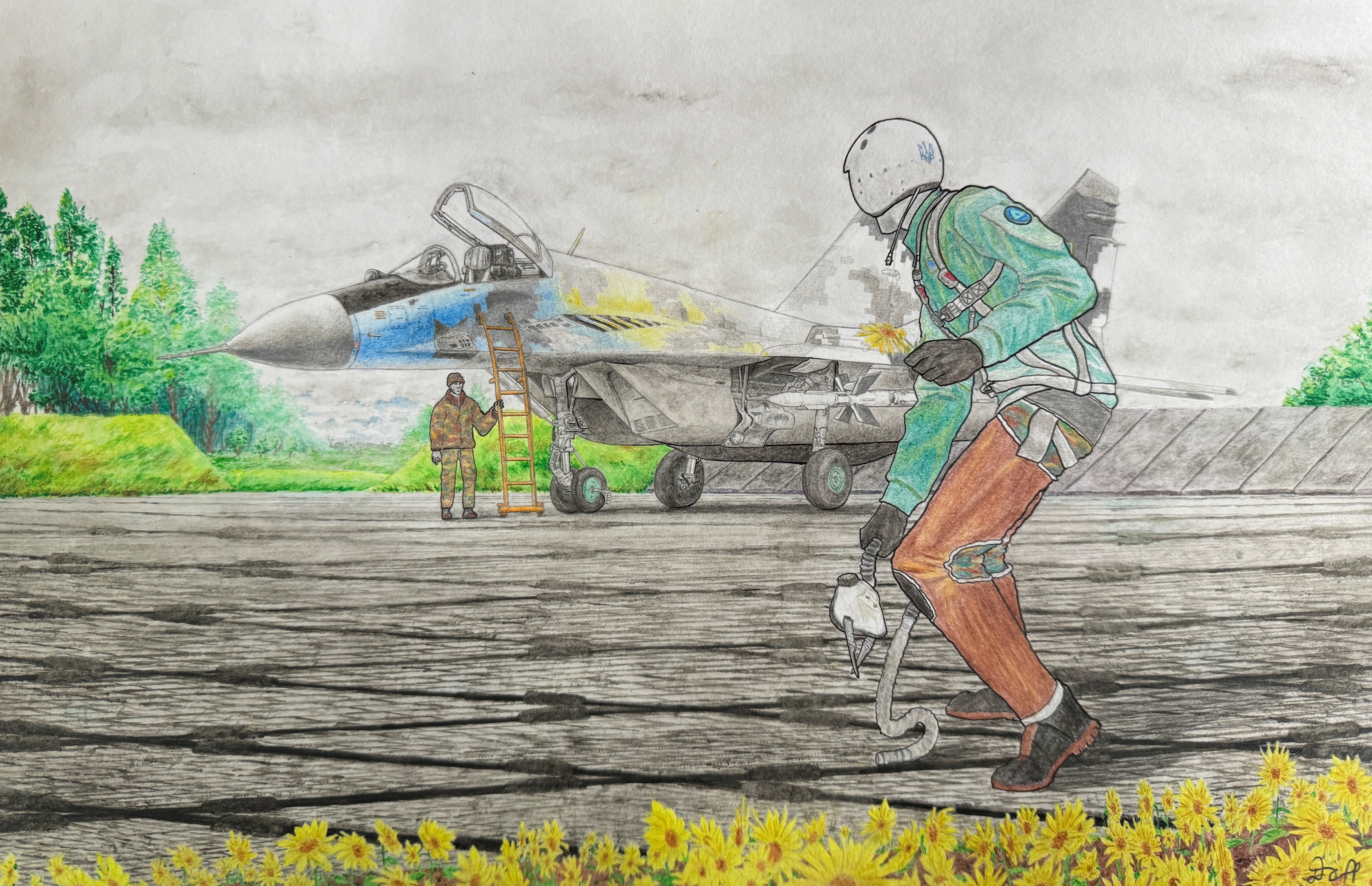 A pilot looking at his plane while grabbing a sunflower