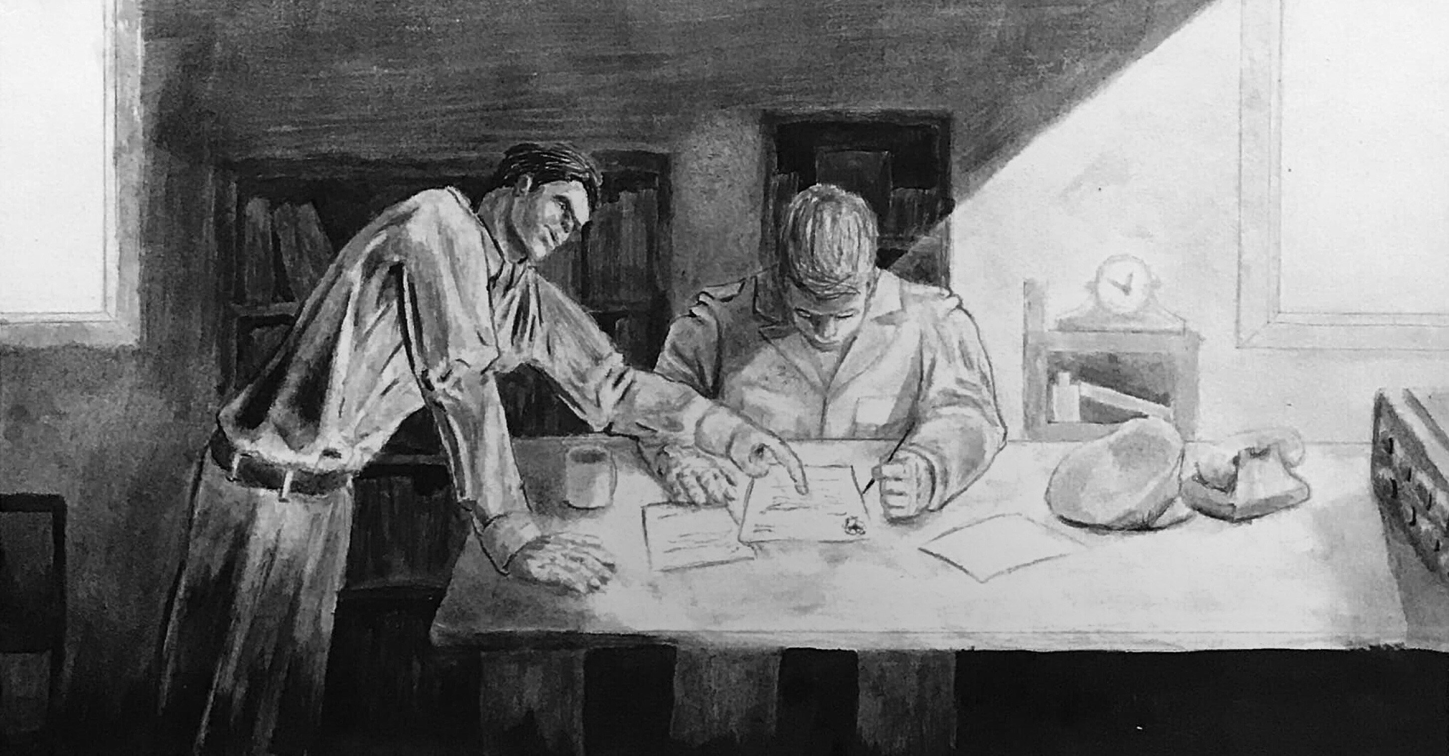 black and white artwork of two men in an office