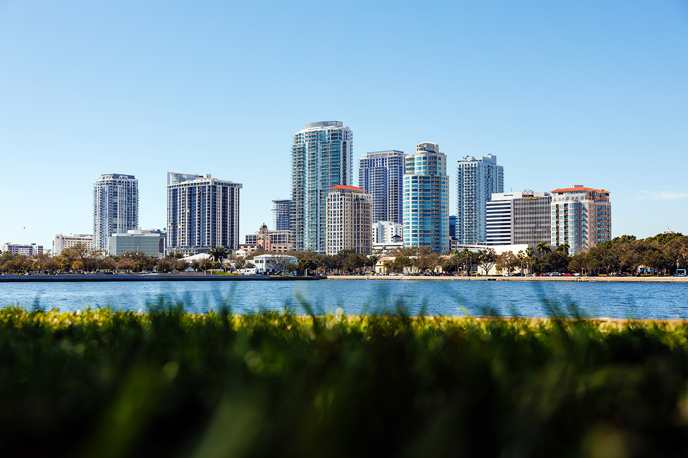 Skyline view of Downtown St. Pete, FL from the Vinoy basin in the foreground.