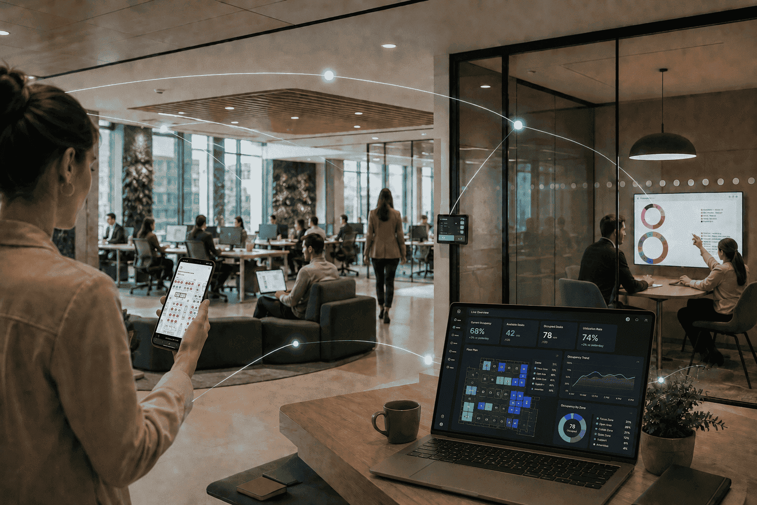 Mujer consultando en zityhub la disponibilidad de puestos mientras visualiza un dashboard de ocupación de espacios de trabajo en tiempo real