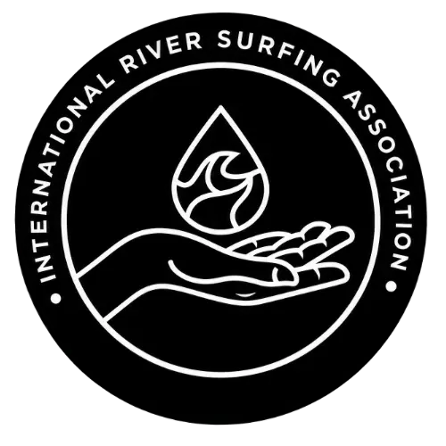 Black circular logo of the International River Surfing Association featuring an open hand holding a water droplet with stylized waves inside, with the association's name around the edge.