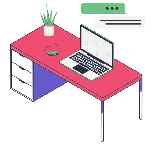 An illustration of a desk with a laptop, plant, and hearing aid sitting on the top.