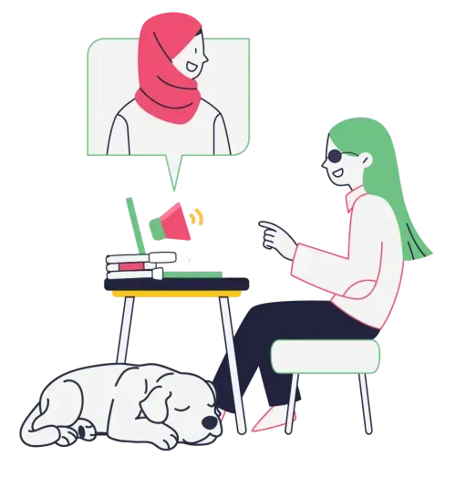 An illustration of a blind woman using a computer with a guide dog asleep under her desk.