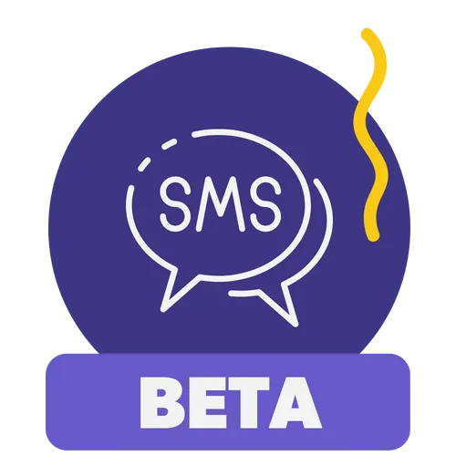 A solid purple circle, with a white chat bubble icon and the letters "SMS" in the foreground. Below the circle, the word "BETA" is spelled out in white on a purple rectangle.