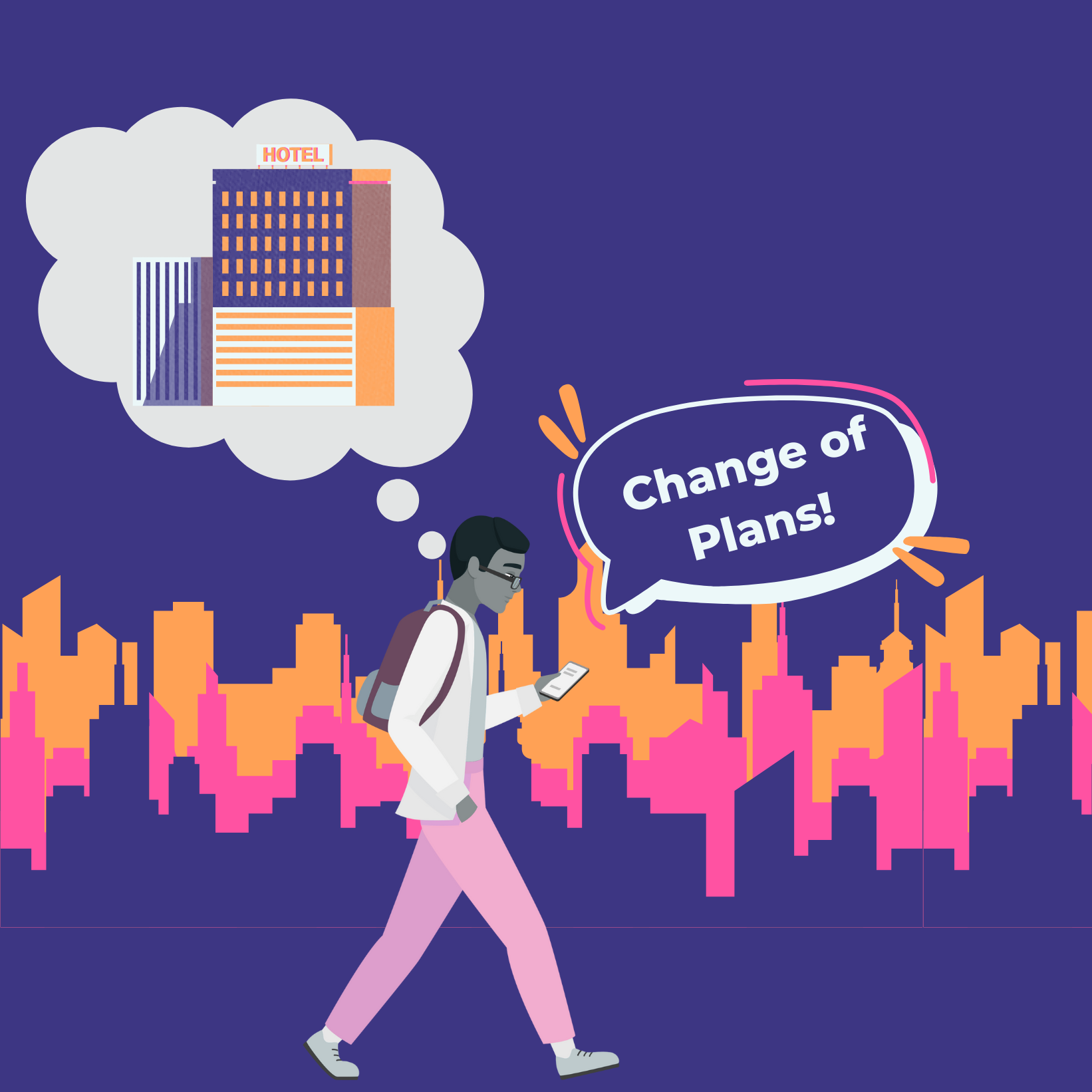 A student with a backpack walks with a city skyline in the background looking at his phone and txting someone "change of plans"