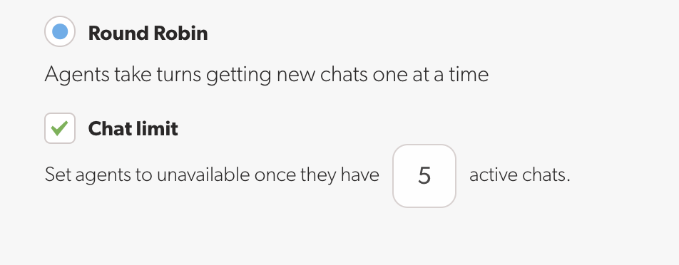 An image of the Olark classic dashboard with "round robin" chat routing option selected and the chat limit set to 5.i