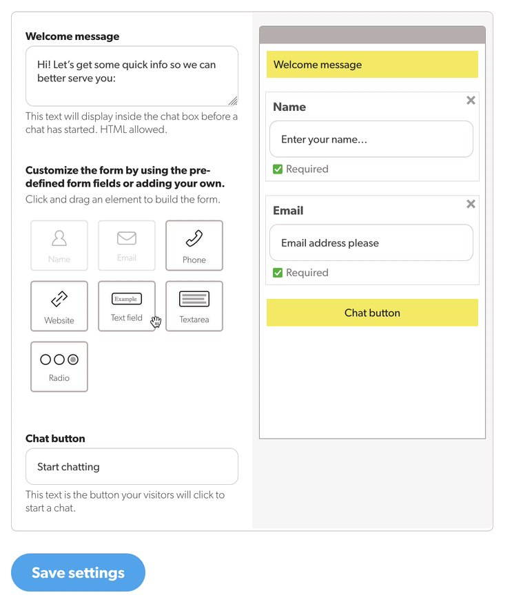 A gif showing adding a custom "Company" field to the prechat survey form in the Olark dashboard.s