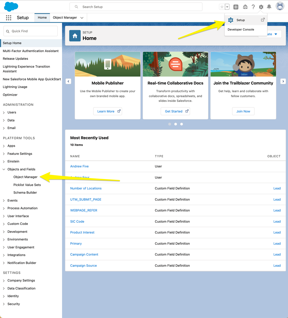 Image of the page at: Salesforce > setup >objects