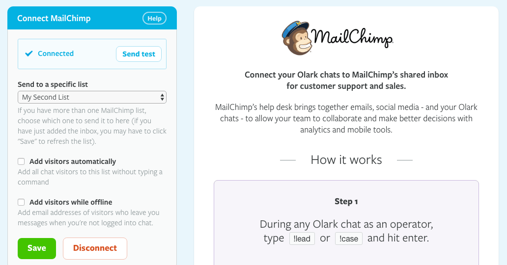 Olark/Mailchimp integration page image