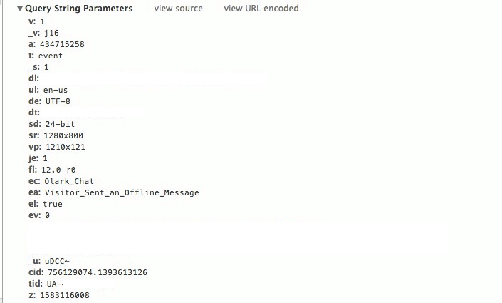 Chrome Developer Tools Network Tab with Olark Google Analytics Request