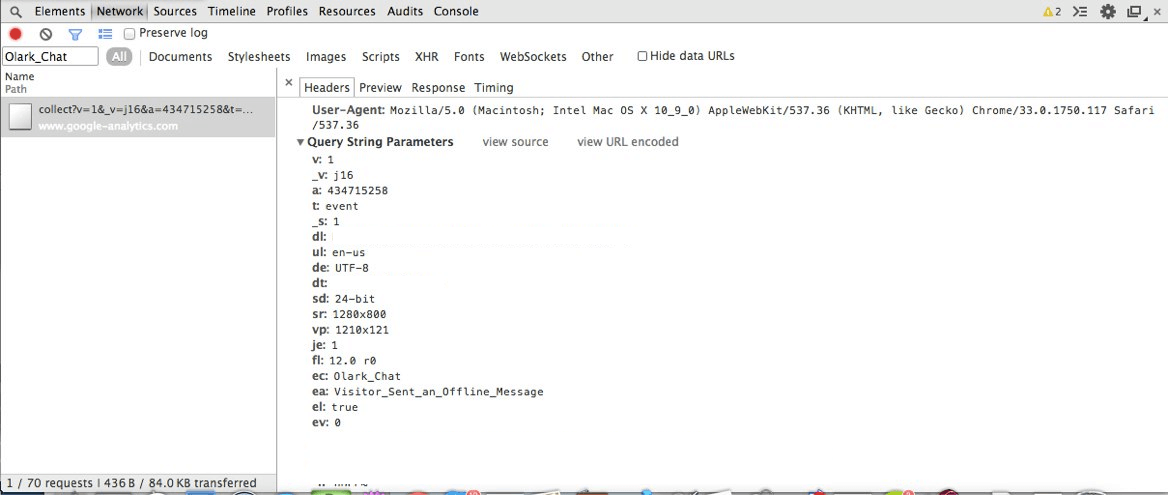 Chrome Developer Tools Network Tab with Olark Google Analytics