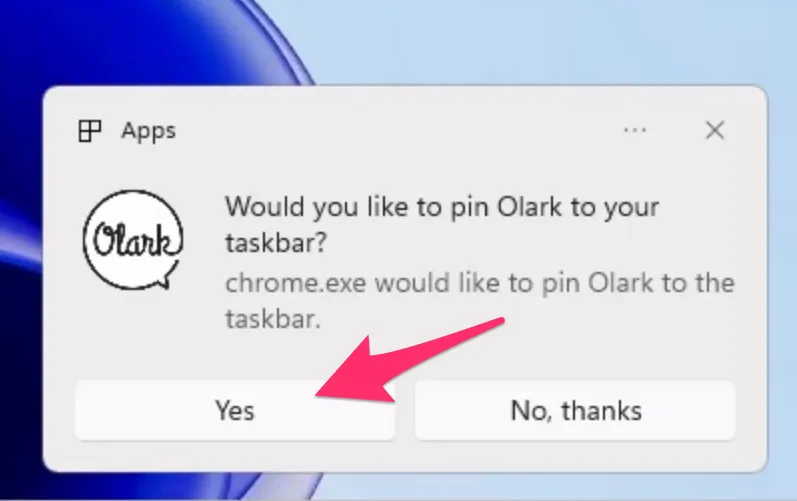 Screenshot of a Windows desktop notification. The notification asks, "Would you like to pin Olark to your taskbar?" A red arrow highlights the "yes" button.