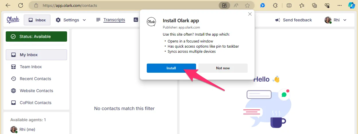 A screenshot of app.olark.com. A red arrow points to the Install button on the "Install Olark app" modal.