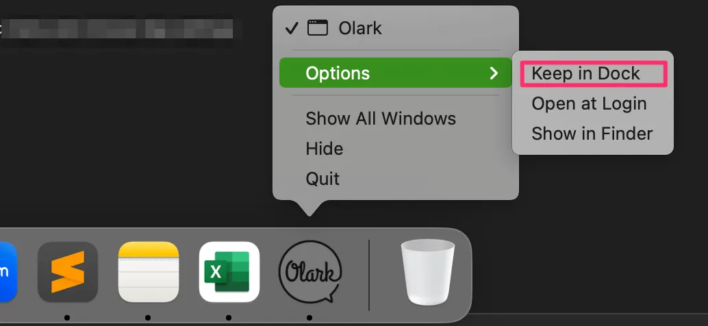 A screenshot of the Olark app icon in a Mac application dock. The options menu is expanded and Keep in Dock option is highlighted with a red box