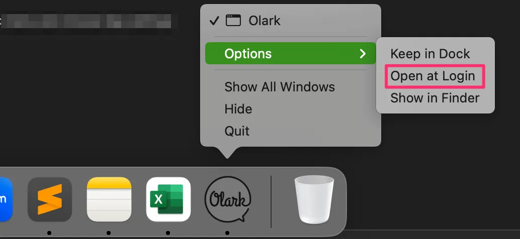 A screenshot of the Olark app icon in a Mac dock. The Options menu is expanded and Open at Login is highlighted with a red box.