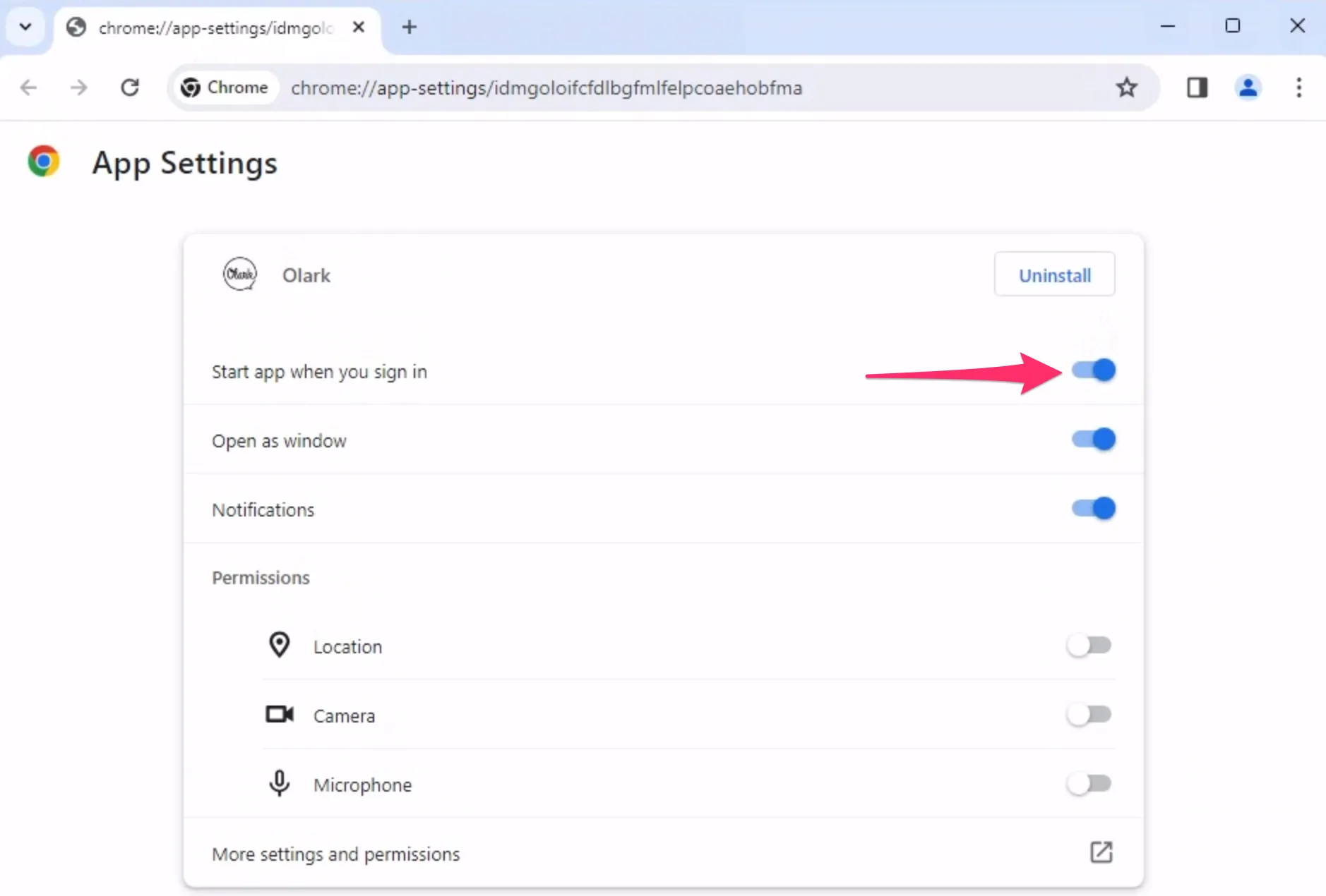 Screenshot of Olark desktop app Chrome settings. The Start app when you sign in toggle is highlighted with a red arrow. 