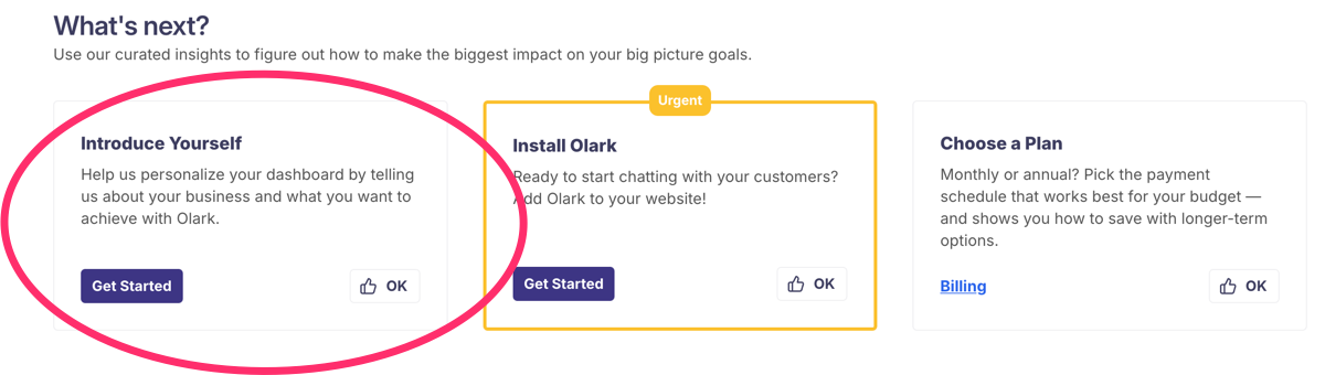 Screenshot of the "What's next" insights section of the home page. A red circle indicates focus on the Introduce Yourself card.