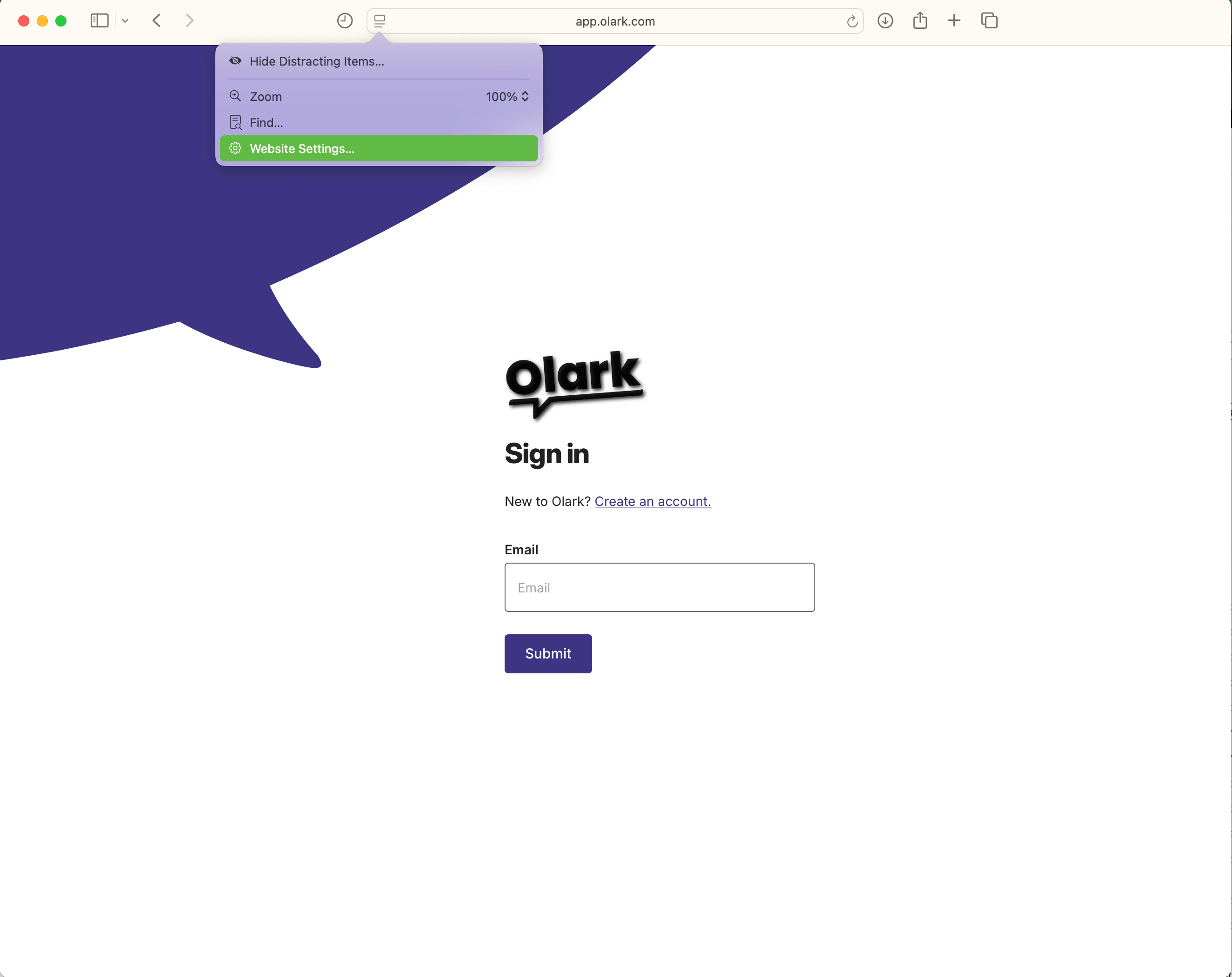 A screenshot of app.olark.com open in safari. The website settings dropdown in the address bar is open and "website settings" is highlighted in the menu.