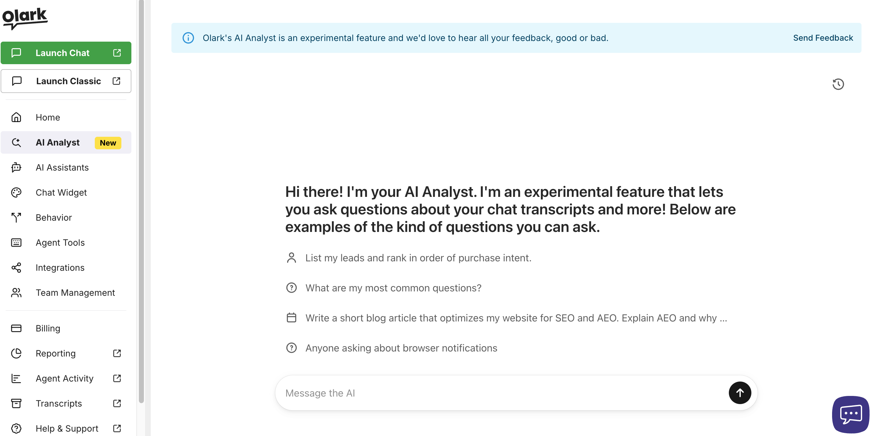 The Ai Analyst interface in Olark. An open text input with prompts encouraging you to ask Ai Analyst questions about your site visitors' conversations.