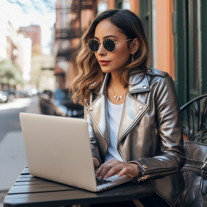 Woman wearing sunglasses and a metallic jacket working on a laptop at an outdoor café table on a city street.