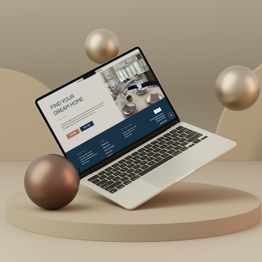 Open laptop floating above a round beige platform with a real estate website showing 'Find your dream home' on the screen, surrounded by metallic spheres.