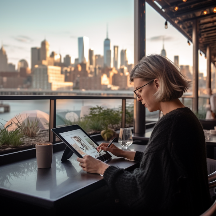 Woman with glasses working on a tablet with stylus at a table, with city skyline and river in the background during sunset.