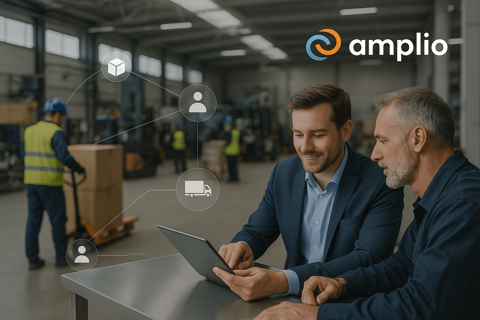 An Amplio representative shows an industrial client asset disposition details on a tablet, with warehouse staff working in the background and Amplio’s logo visible.