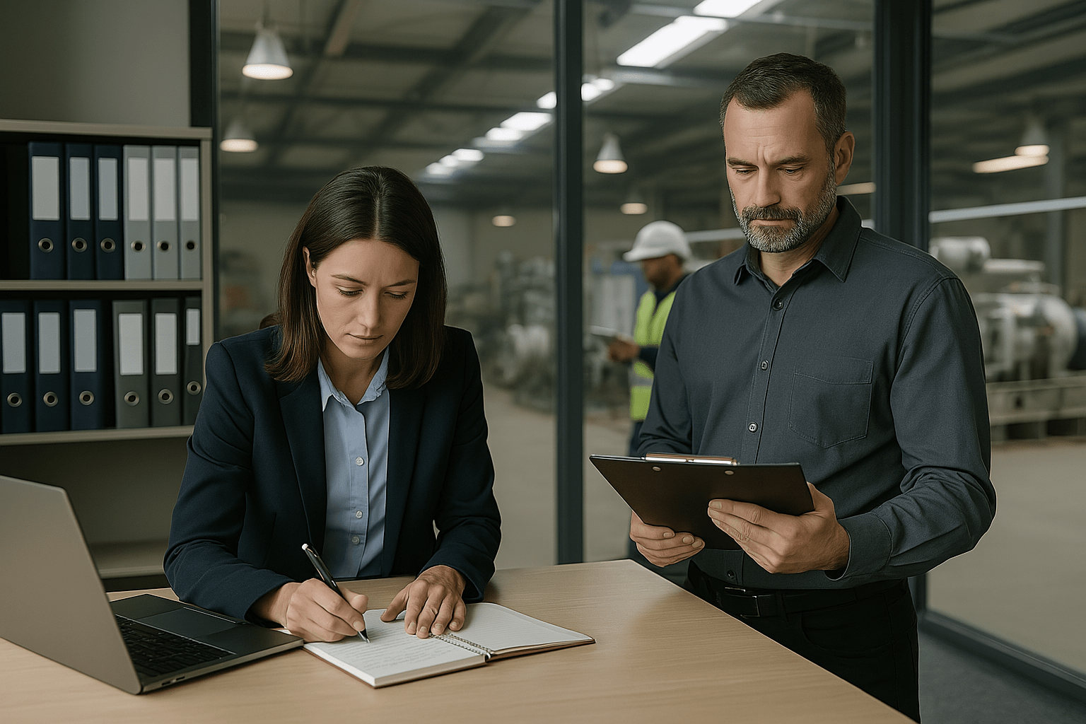 A professional woman writes in a notebook beside a man reviewing a clipboard in an office overlooking a warehouse, representing strategic asset disposition planning.