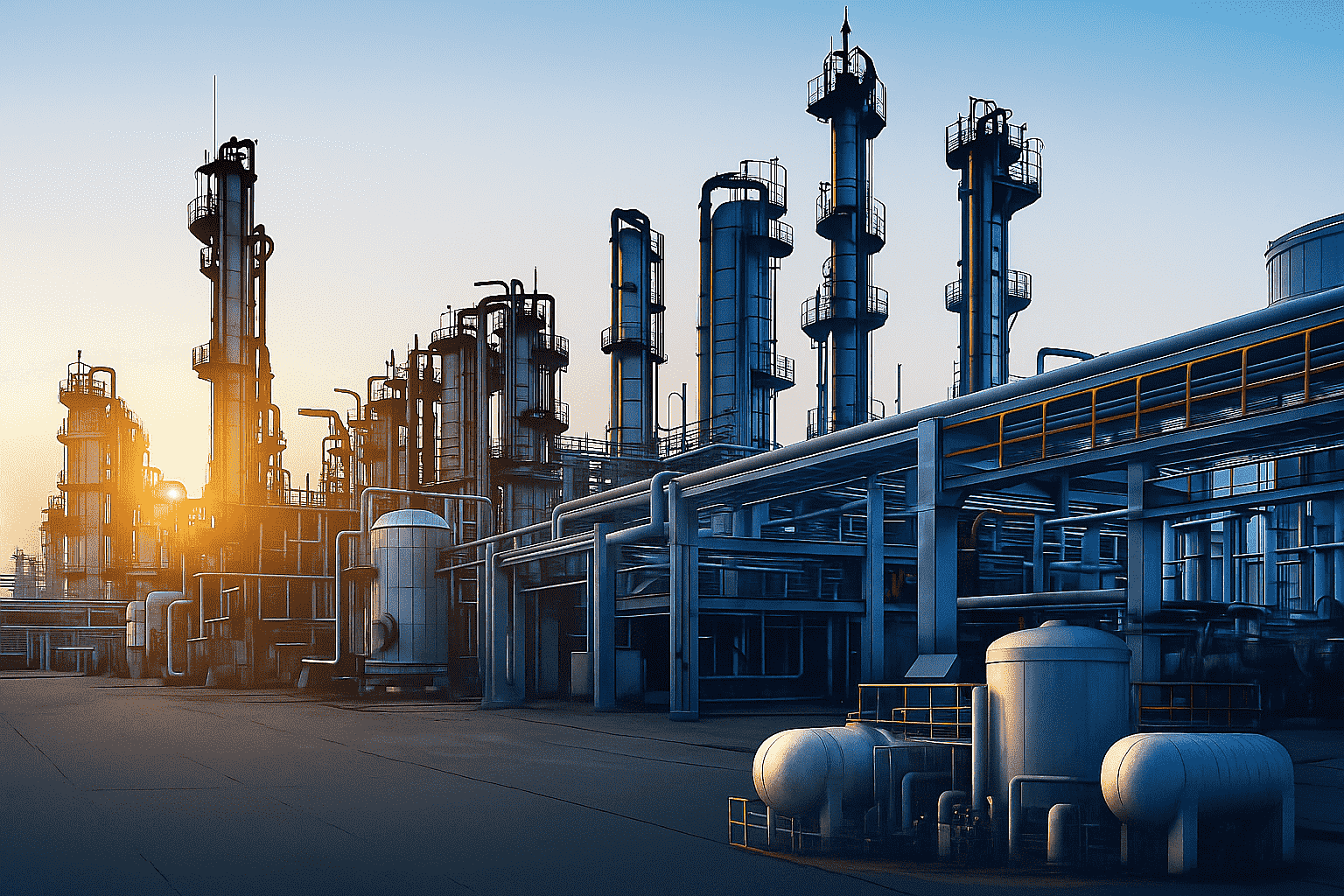 An industrial facility with tall metal towers, storage tanks, and interconnected pipes, photographed at sunrise or sunset. The complex structure is illuminated by the low sunlight, and the sky is clear.