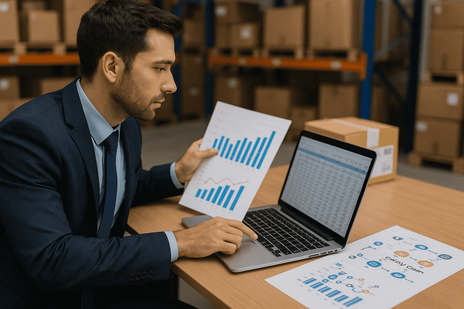 A man in a suit sits at a desk in a warehouse, analyzing printed charts and graphs. He is holding a sheet with bar charts and pointing at data on his open laptop. Cardboard boxes and shelves are visible in the background.