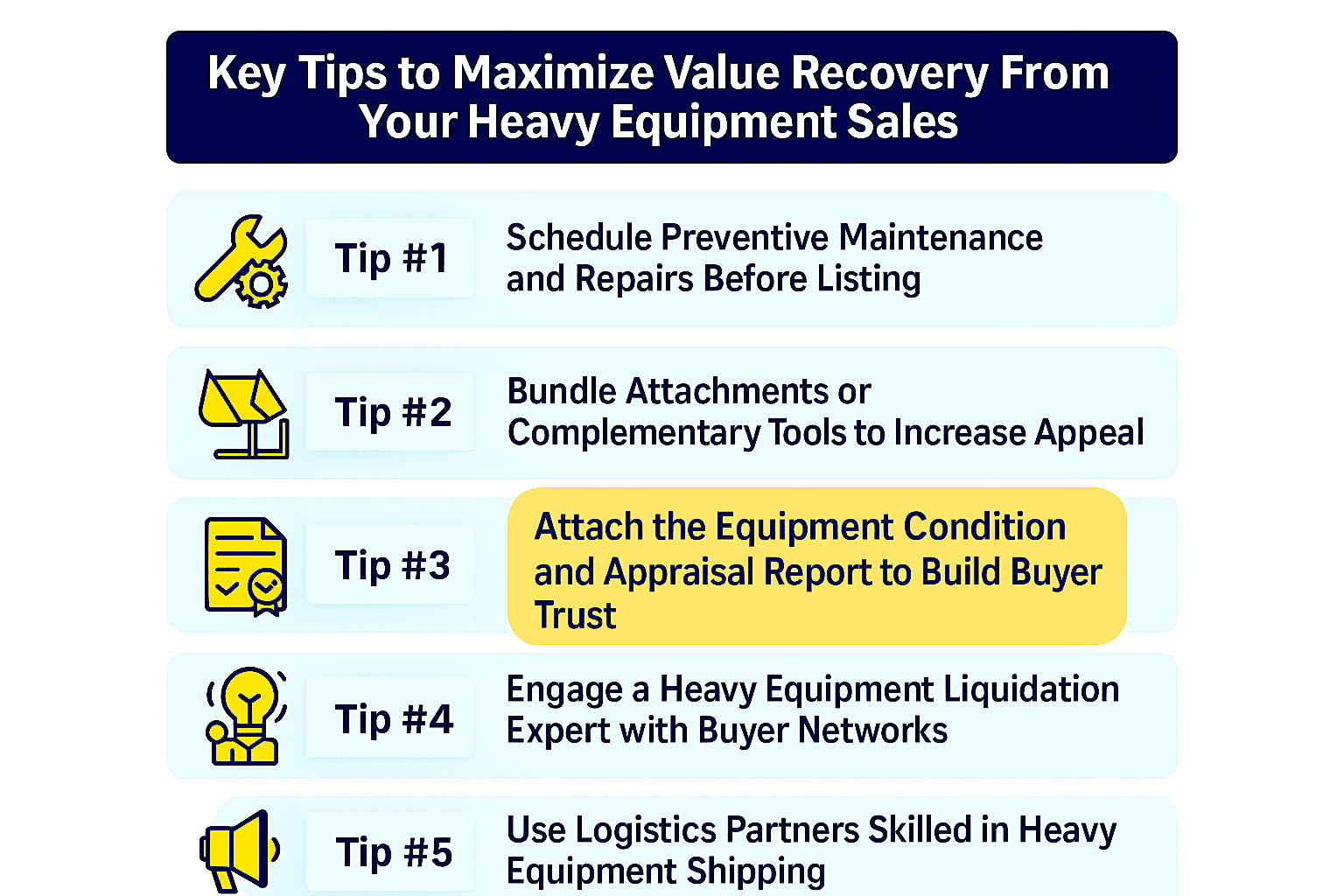 Infographic with the title "Key Tips to Maximize Value Recovery From Your Heavy Equipment Sales" featuring icons, a highlighted tip, and a list of tips related to equipment sales.