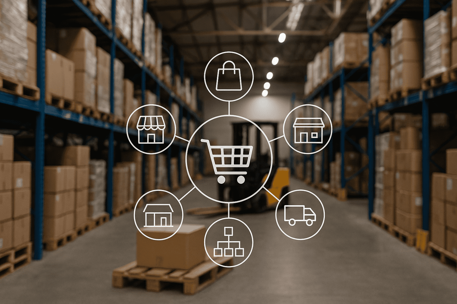 Warehouse filled with shelves of boxes, with a transparent overlay of connected shopping cart and retail icons representing supply chain and distribution networks.