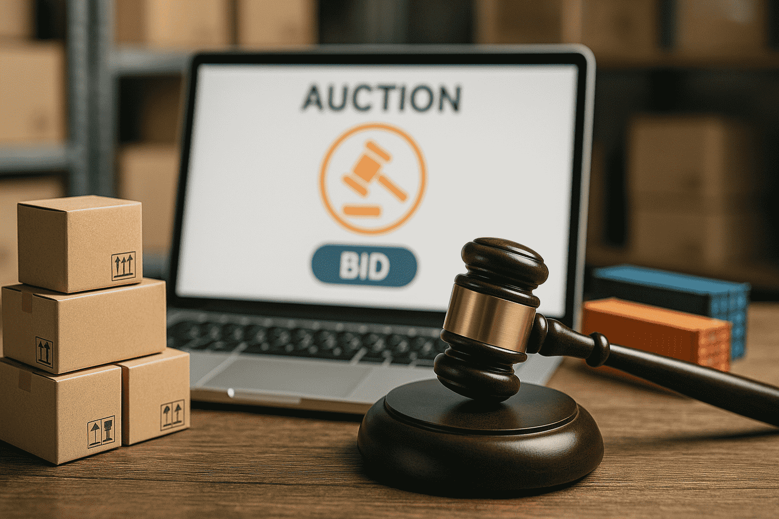 Stacked cardboard boxes, a judge’s gavel, and a laptop displaying an online auction page with a 'BID' button, all placed on a table in a warehouse setting. The background shows shelves with more boxes, suggesting an industrial or inventory auction context.