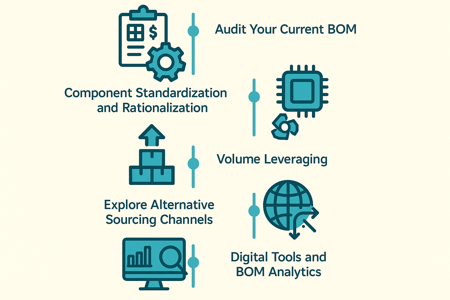 Infographic showing strategies to optimize a Bill of Materials (BOM). On the left, icons with text read: 'Component Standardization and Rationalization,' 'Explore Alternative Sourcing Channels,' and 'Digital Tools and BOM Analytics.' On the right, icons with text read: 'Audit Your Current BOM,' 'Volume Leveraging.' Each strategy is represented by a relevant icon, such as a clipboard, gear, microchip, packages, and a globe.