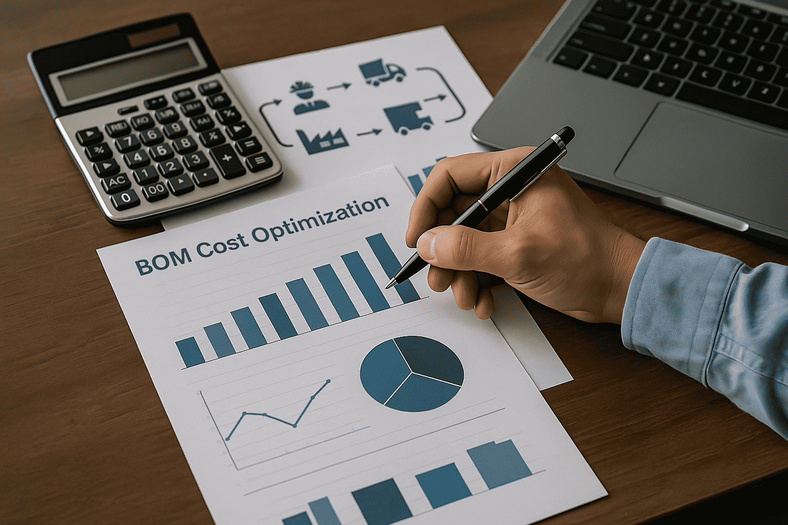 Hand holding a pen over a BOM Cost Optimization report with bar charts and pie chart, calculator, laptop, and supply chain diagram on a wooden desk.