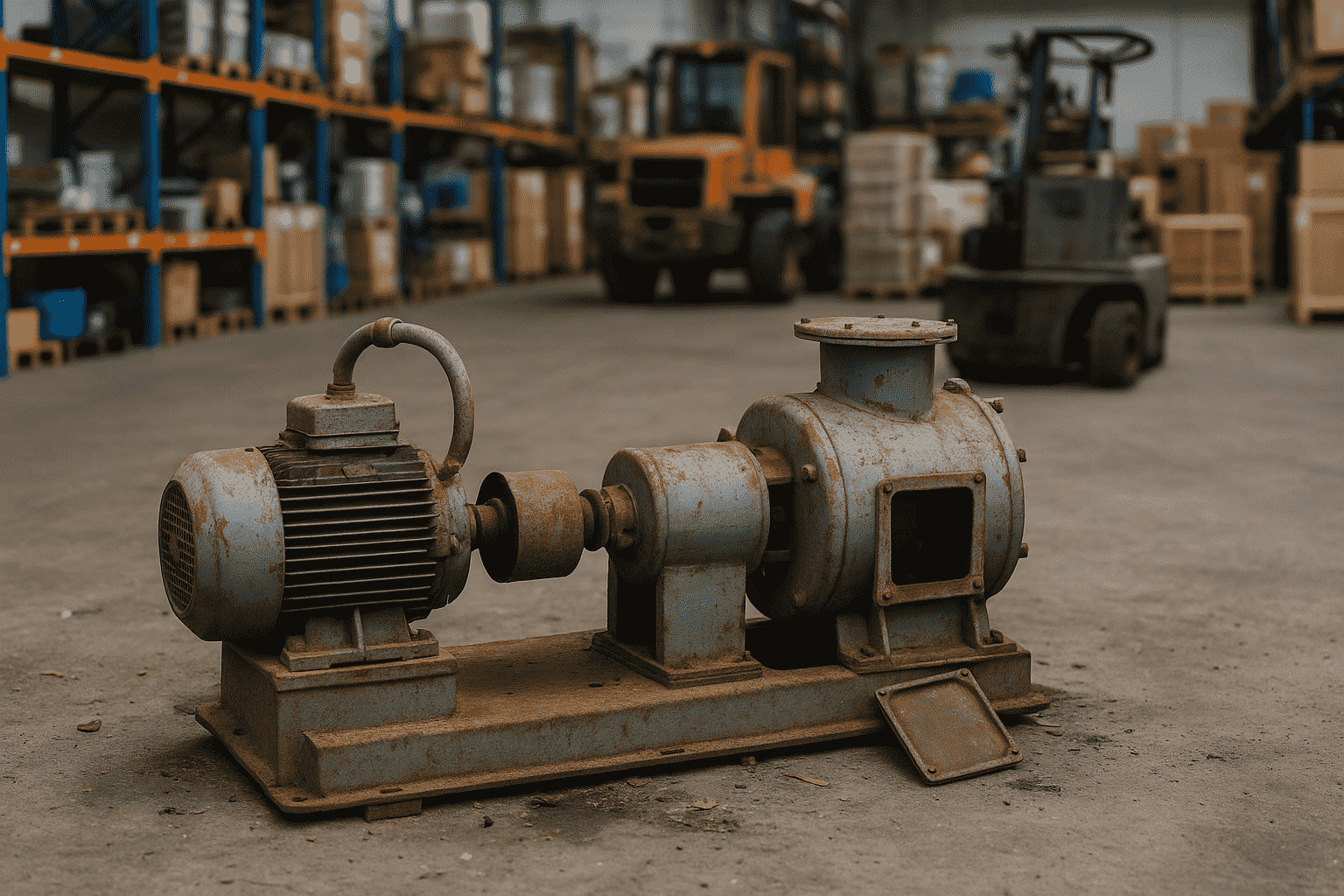 A rusty, old industrial pump and motor unit sits on the floor of a warehouse, surrounded by shelves with boxes and two forklifts in the background.