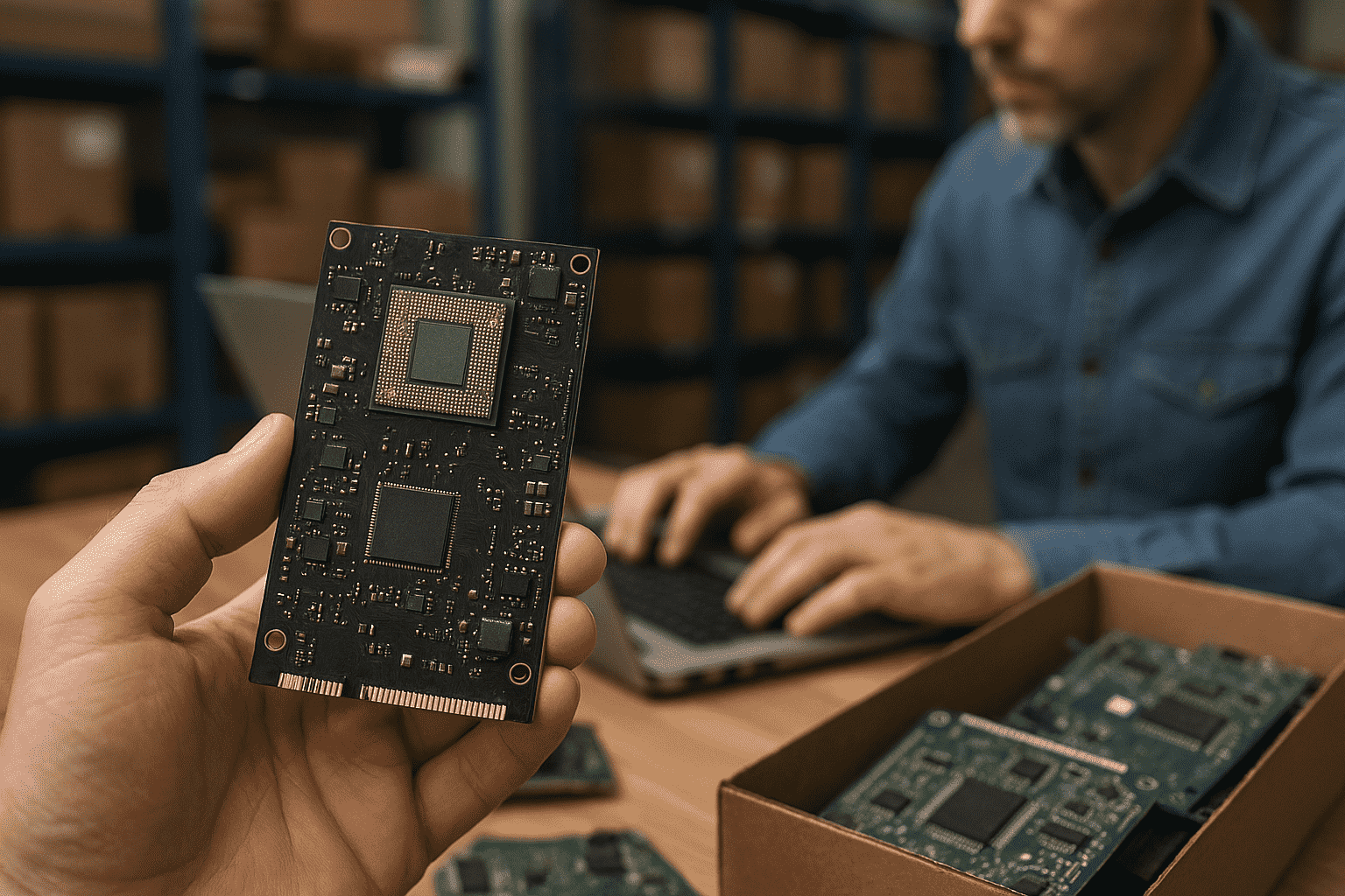 Person holding a computer circuit board in a warehouse, with another person working on a laptop and several other circuit boards in a box on the table.