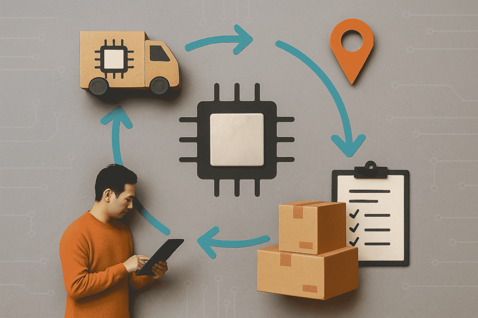 Person using a tablet, surrounded by icons of a delivery truck with a microchip, a location pin, a checklist, stacked boxes, and a large microchip, all connected by arrows representing a supply chain or logistics cycle.