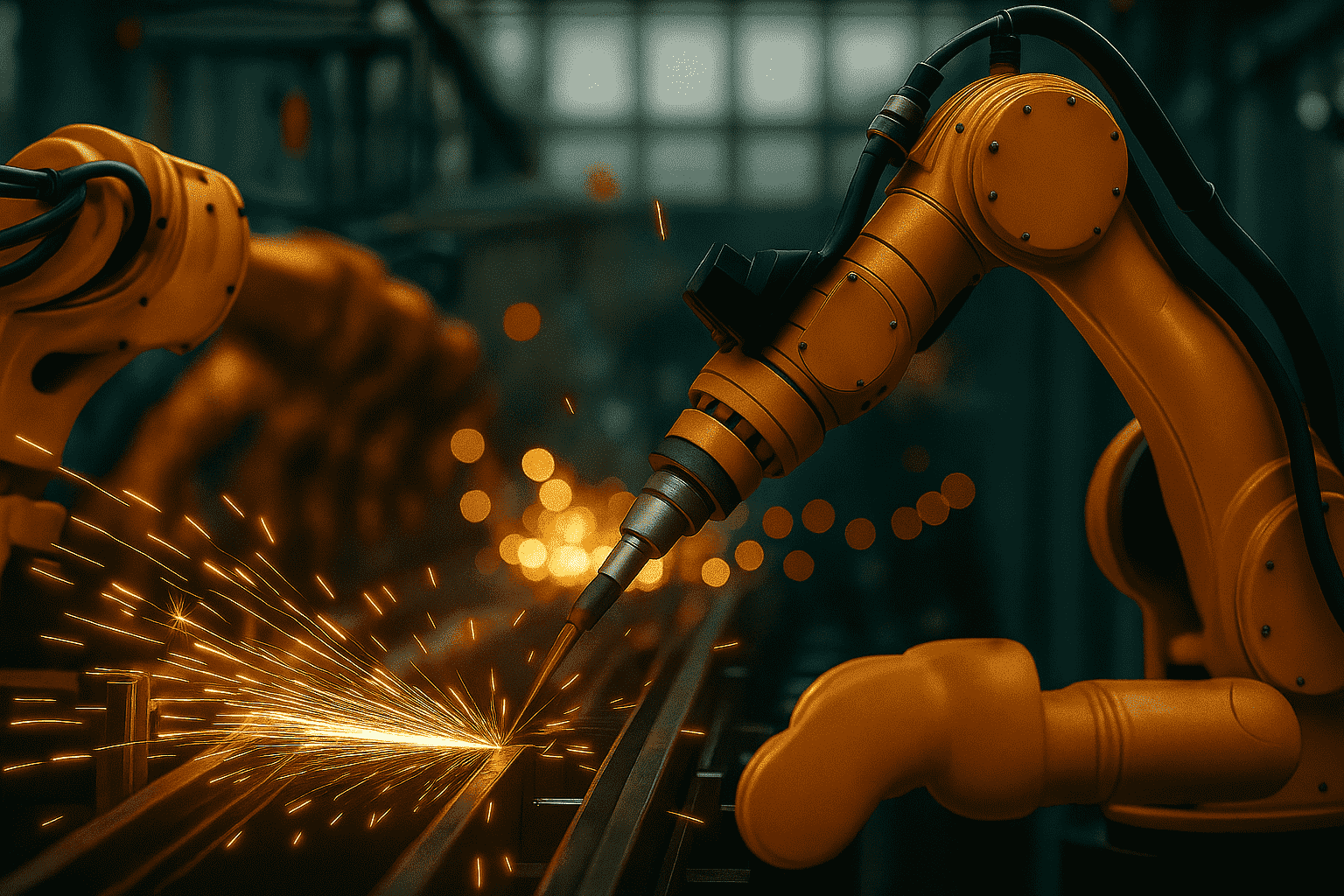 A close-up view of an industrial robotic arm actively welding metal on a production line. Bright sparks fly from the welding point, creating dynamic light against the background of additional robotic arms. The scene is inside a modern factory or automotive assembly plant, highlighting automation and advanced manufacturing technology.