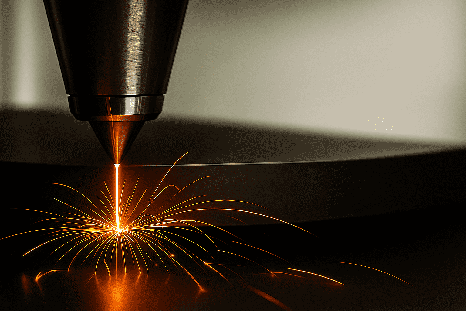 A close-up image of a laser cutting machine in action. The metallic nozzle emits a focused laser beam, cutting into a sheet of metal below and creating bright orange sparks that radiate outward. The scene emphasizes precision and advanced manufacturing technology, likely in an industrial or factory setting.