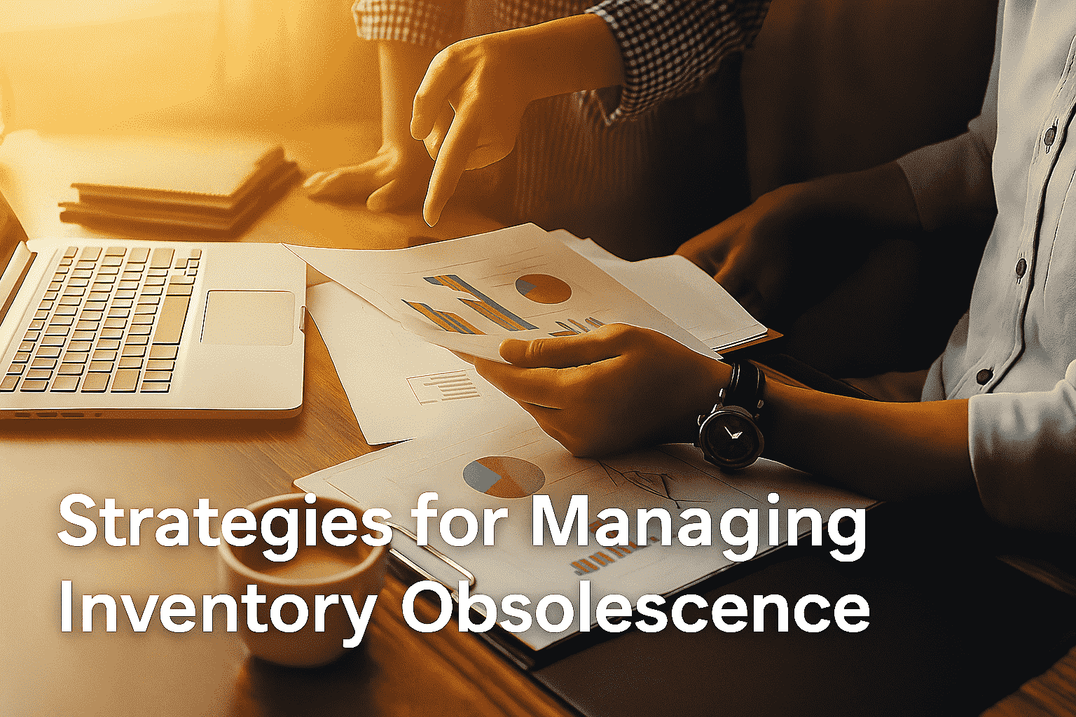 Two people reviewing printed graphs and charts at a desk with a laptop and coffee, with the text "Strategies for Managing Inventory Obsolescence" overlaid.