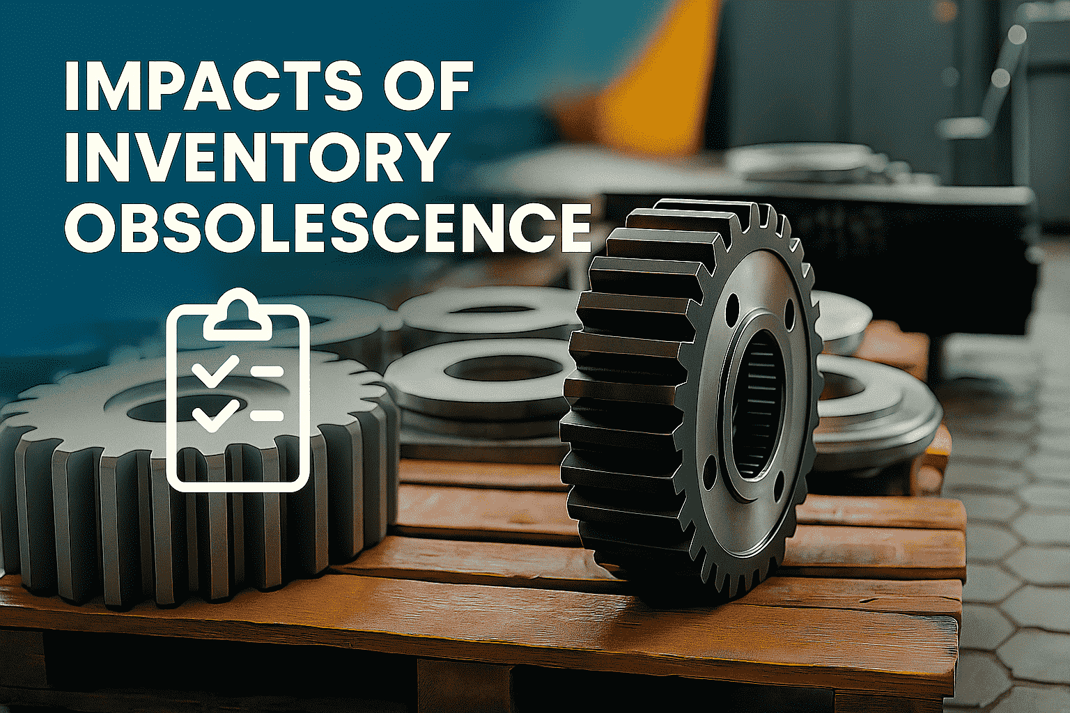 Industrial gears and parts stacked on a wooden pallet, with bold white text reading "Impacts of Inventory Obsolescence" in the upper left corner.