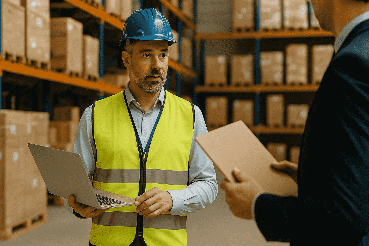 A warehouse worker wearing a blue hard hat, yellow safety vest, and light blue shirt holds an open laptop while speaking with a man in a suit who is holding a folder. They are standing in a large warehouse filled with stacked boxes on high metal shelves.