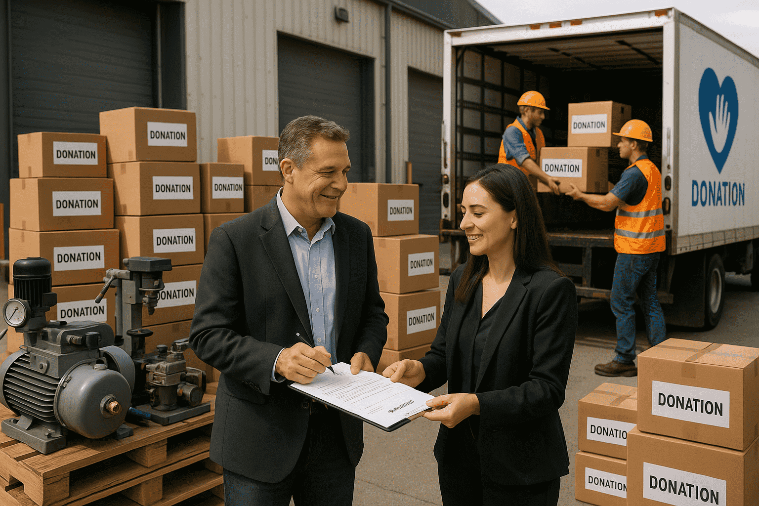 Workers donating surplus industrial inventory to nonprofit organizations, loading boxes onto charity trucks to reduce stock and gain tax benefits.