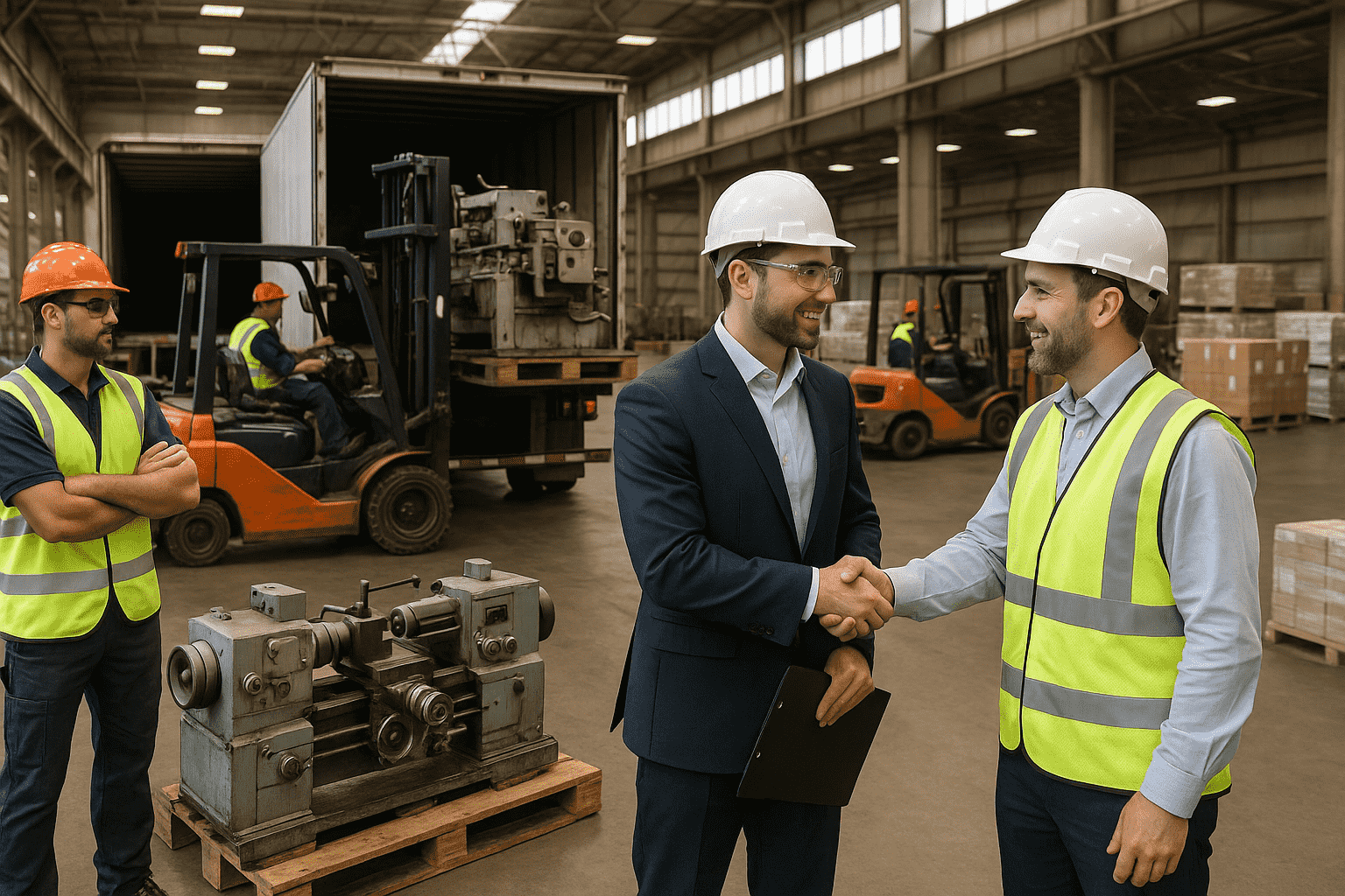 Factory workers and forklifts redeploying surplus equipment and parts across departments using digital inventory dashboards for efficient resource utilization.