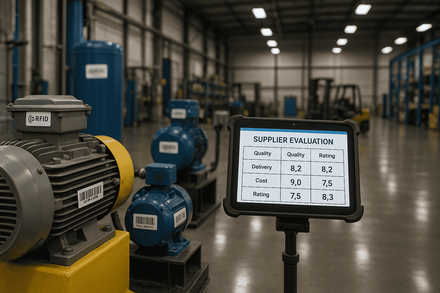 Tablet displaying supplier evaluation scores in an industrial warehouse with RFID-tagged equipment and machinery, showing digital procurement tracking in action.